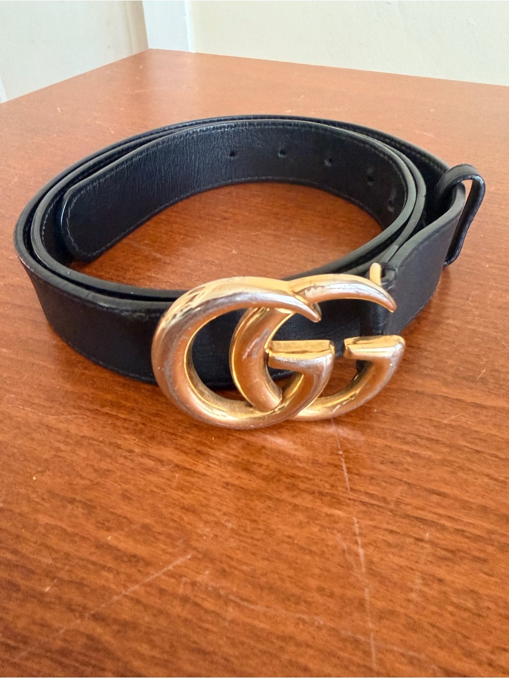 Gucci GG Marmont Wide Black Leather Double G Belt Gold Size 80/32